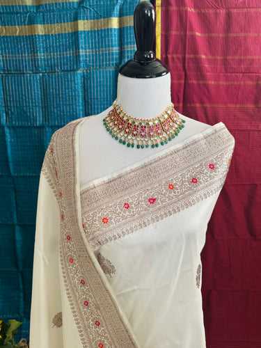 Banarasi Katan Silk Meenakari Saree | Off White | Antique  Zari | Handwoven |  Silk Mark Certified | Ships from California